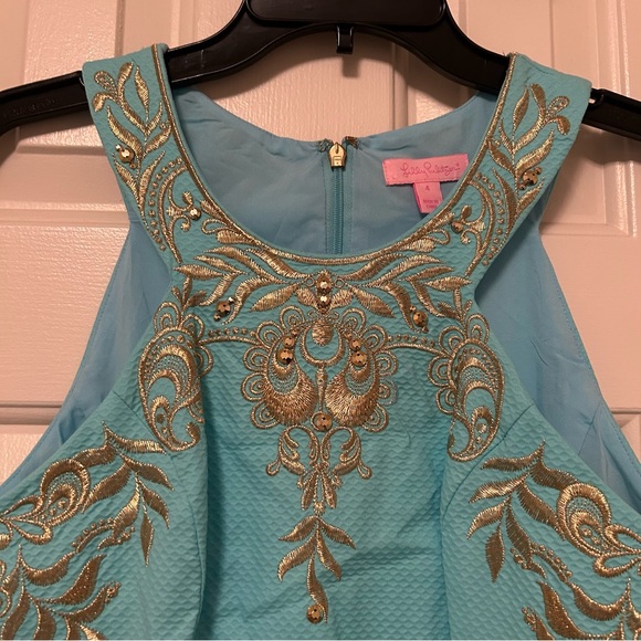 Lily Pulitzer Tina Embroidered Stretch Shift Dress Gold Trim Blue Ibiza Size 4 - Picture 5 of 11